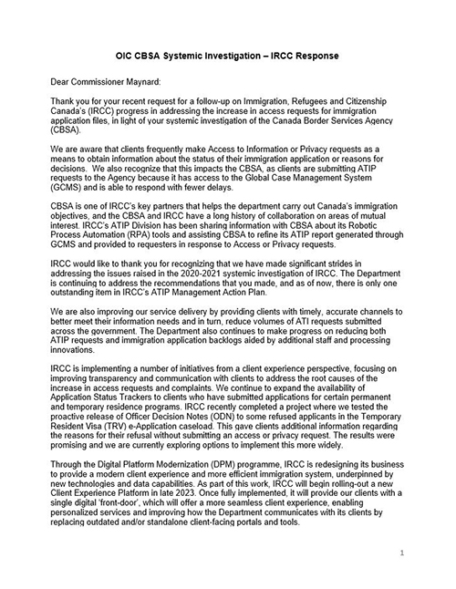 First page of IRCC's letter to the OIC